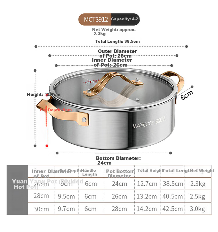 MAXCOOK 316L Stainless Steel Hot Pot 26cm Three-Layer Steel Soup Pot with Composite Bottom Compatible with Gas and Induction Cookers MCT7795 8