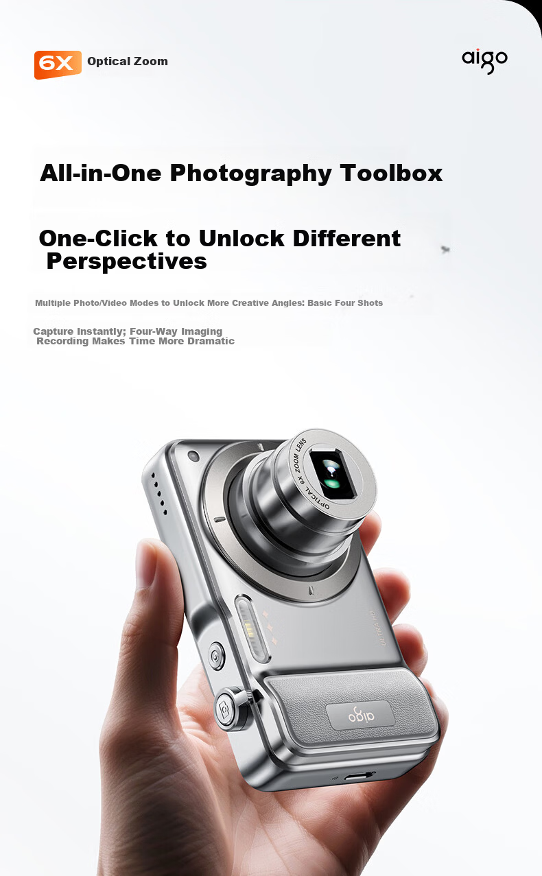 Aigo T600 Optical Zoom Retractable Lens Dual Camera Selfie Student Digital Camera Gift for Girls, Entry-Level Mirrorless Vlog Campus Alternative CCD, Silver White Color, 32GB 16