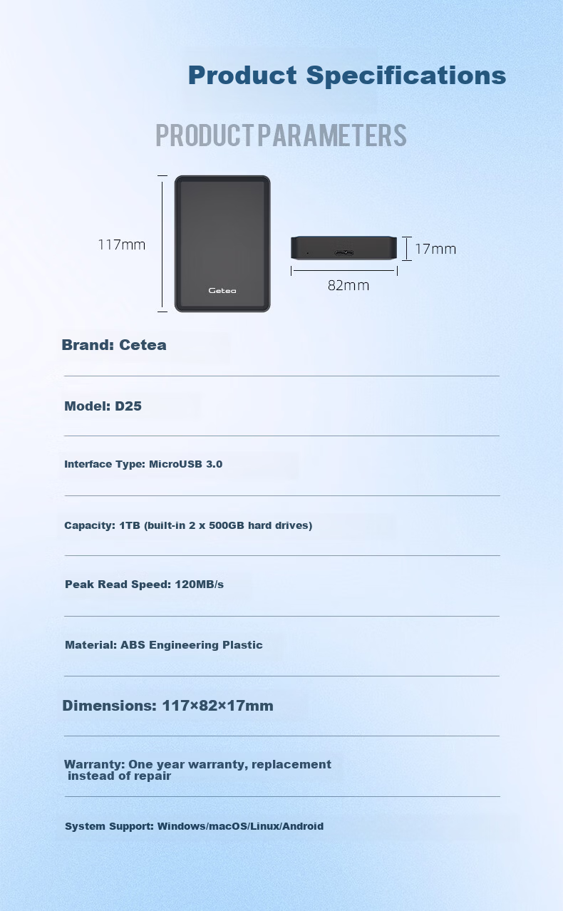 GETEA External Hard Drive, 1TB Dual Disk Backup, USB3.0 High-Speed Secure Encryption, 2.5-Inch Mechanical Hard Drive, Laptop External Storage, Direct Phone Connection, Portable External Hard Drive 8
