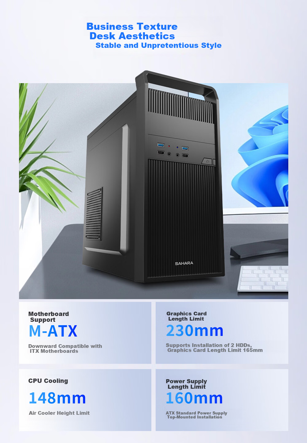 SAHARA Sahara Shangyue S3 Desktop Computer Case Home Office Business Portable Mini Silent Chassis Supports ATX Motherboard 2 Fan Slots 4
