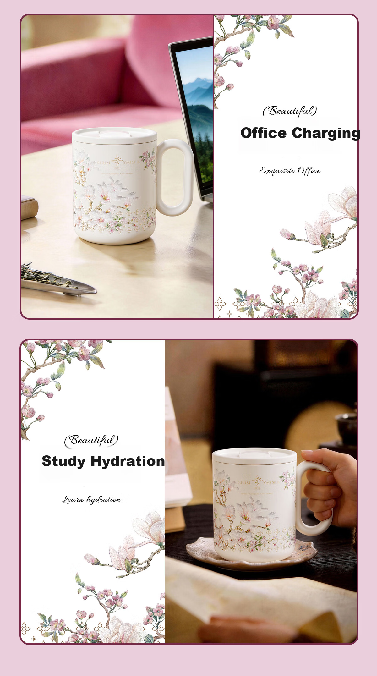 Germ Intangible Cultural Heritage Su Embroidery Mark Insulated Mug High-Value Office Water Cup Tea Cup Women's Gift Cup 450ML Magnolia 11