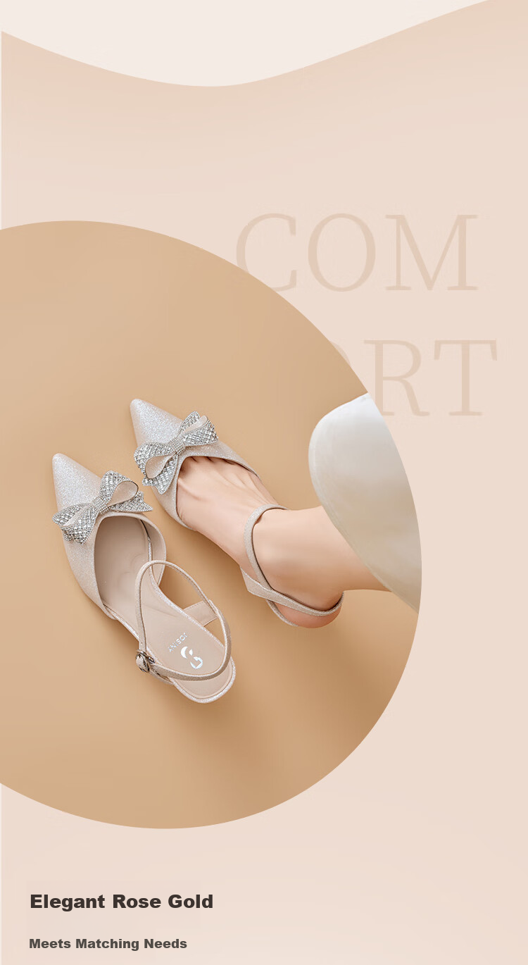Josiny French Style Pointed Toe High Heels Women 2026 Summer New Rhinestone Bowknot Ankle Strap Stiletto Wedding Shoes Rose Gold 37 4