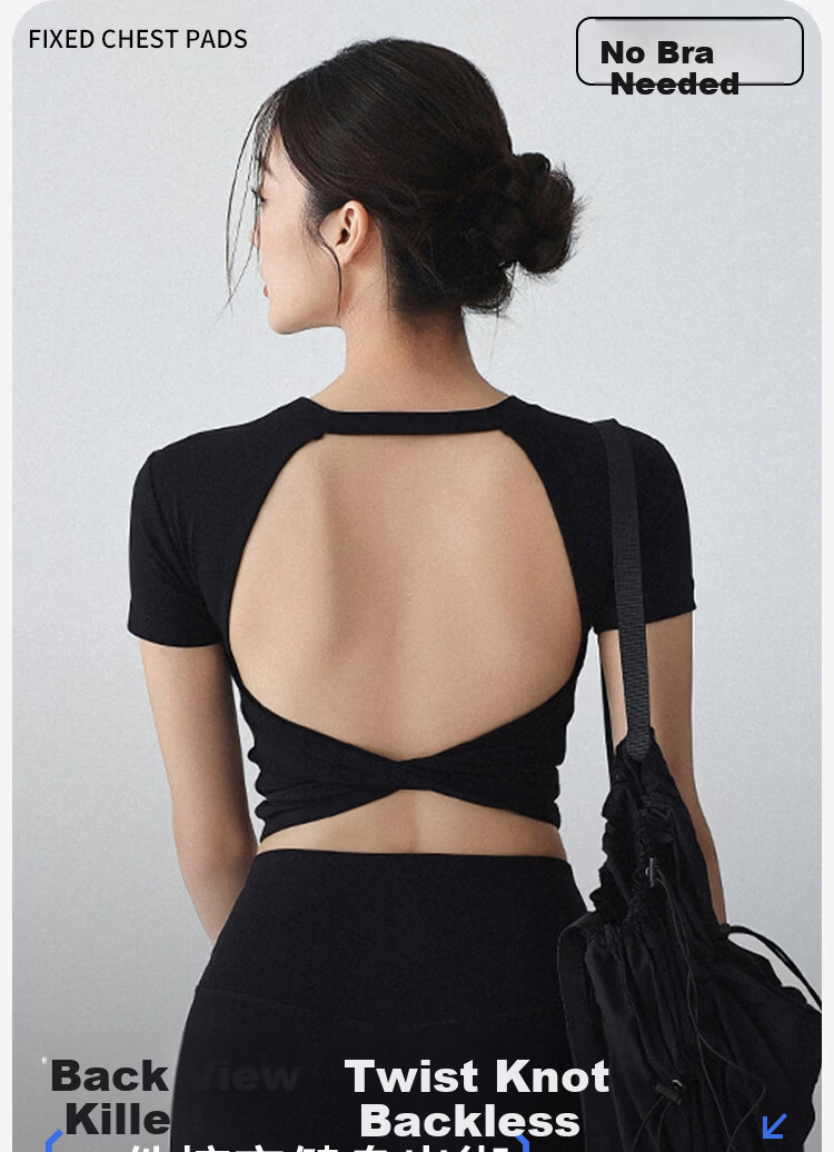 Free Style Backless Sports Top for Women with Semi-Removable Chest Pad, Beautiful Back T-Shirt, Pilates Yoga Short Sleeve Fitness Wear Summer 1