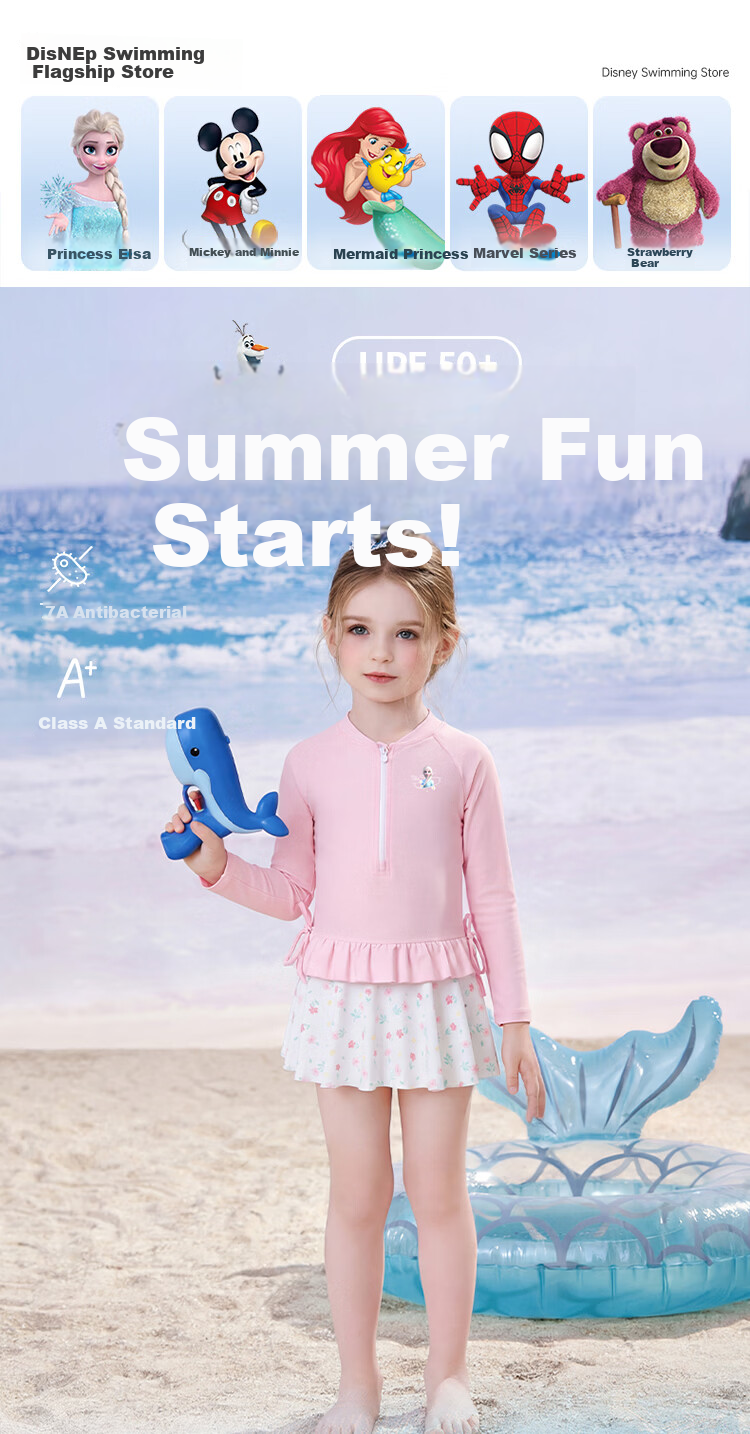 Disney Girls' One-Piece Skirted Long-Sleeve Sunscreen Swimsuit D36101S2F Pink Elsa Size 130 1