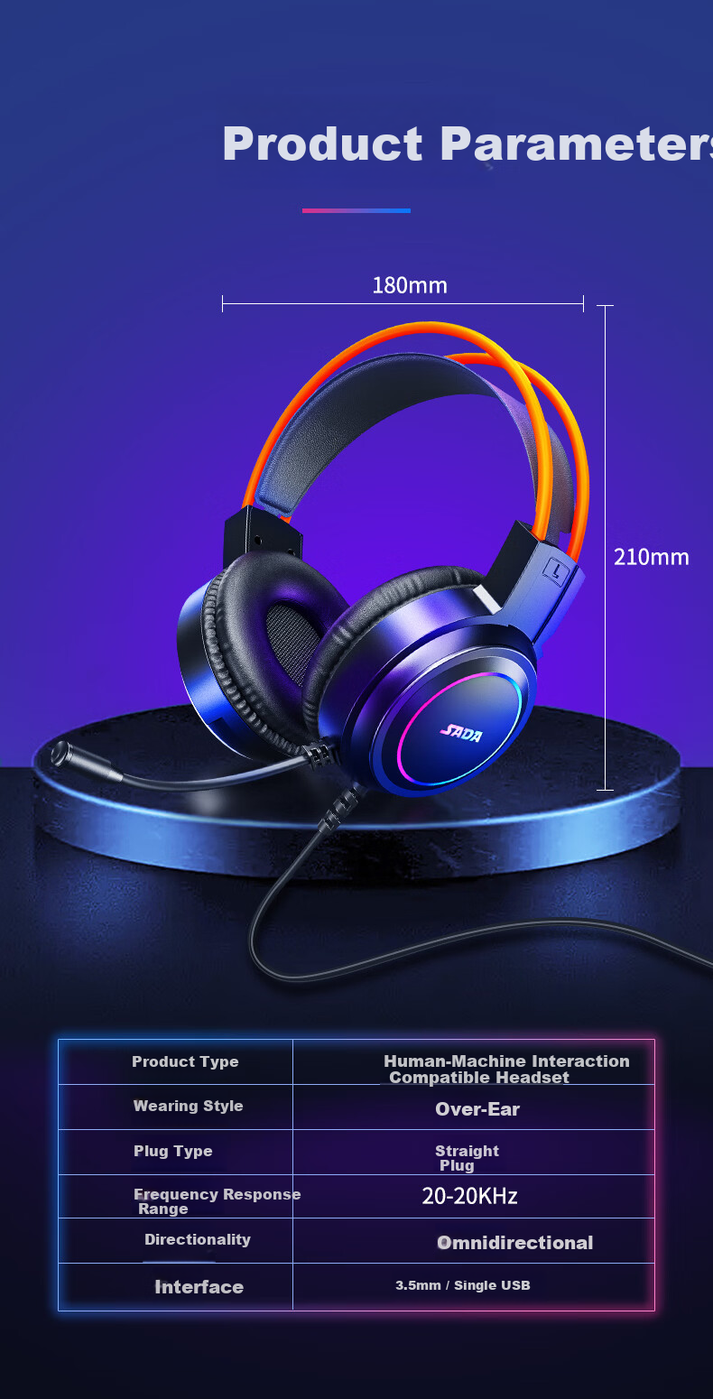 SADA Gaming Headset Wired Dual-Mode 3.5mm Noise-Cancelling Microphone High-Quality Over-Ear Delta FPS PUBG Comfortable 7