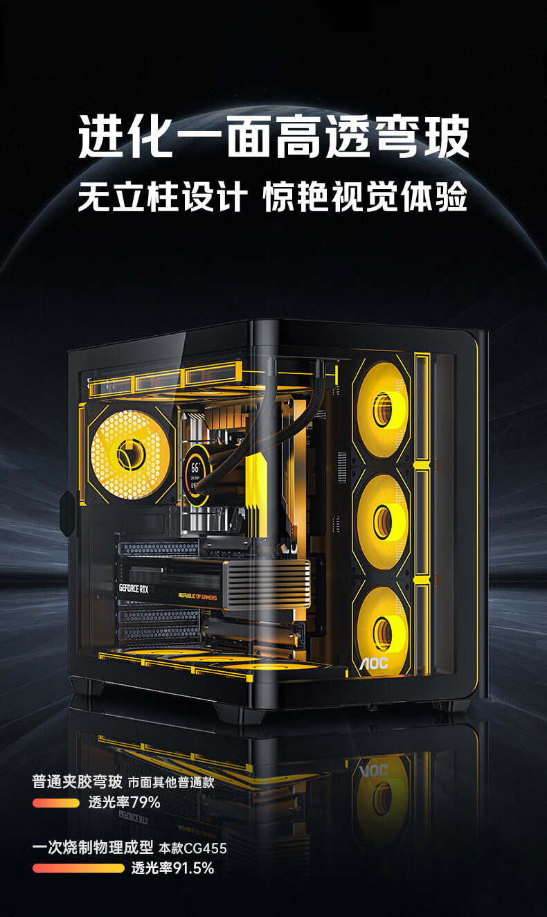AOC CG455 Black ATX Desktop Computer Case, Integrated Curved Tempered Glass, 10 Fan Positions, 360mm Water Cooling Support, Left And Right Compartment Separation, Quick-Release Desig 2