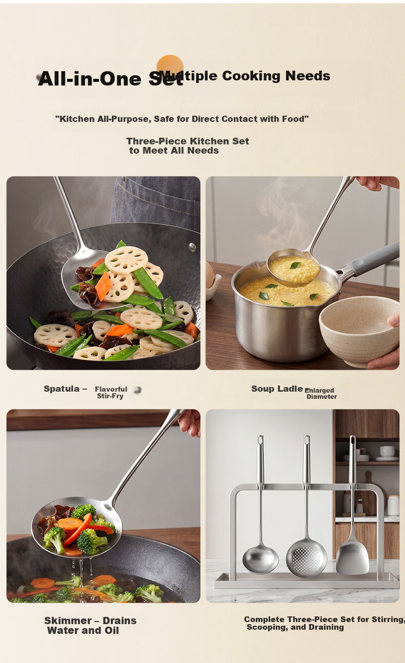 Fun Kitchen Spatula and Spoon Set 304 Stainless Steel Turner + Soup Ladle + Slotted Spoon 3-Piece Set Stainless Steel Cooking Utensils for Iron and Stainless Steel Pans 7