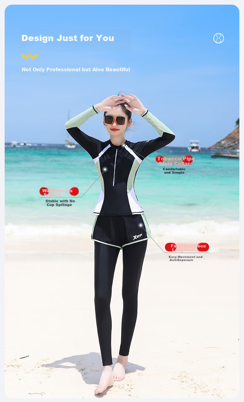 Xtep Women's Conservative Slimming Two-Piece Long Sleeve Long Pants Swimwear Sun Protection Wetsuit Surfing Hot Spring Vacation Swimsuit 3