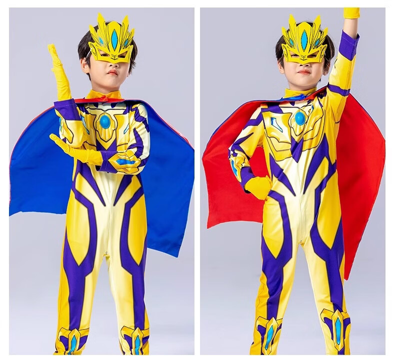 ULTRAMAN Official Golden Zero Ultraman Costume Jumpsuit 130cm Gift Box with Eye Mask, Gloves, Chest Light, and Cape 24