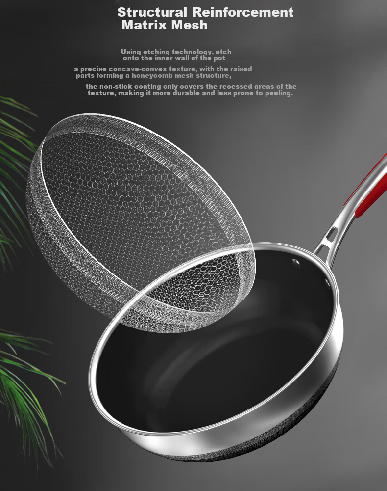 Kambach 316L Stainless Steel Honeycomb Dual-Use Frying Pan Flat Bottom Wok Deep Frying Pan for Induction and Gas Stoves 3