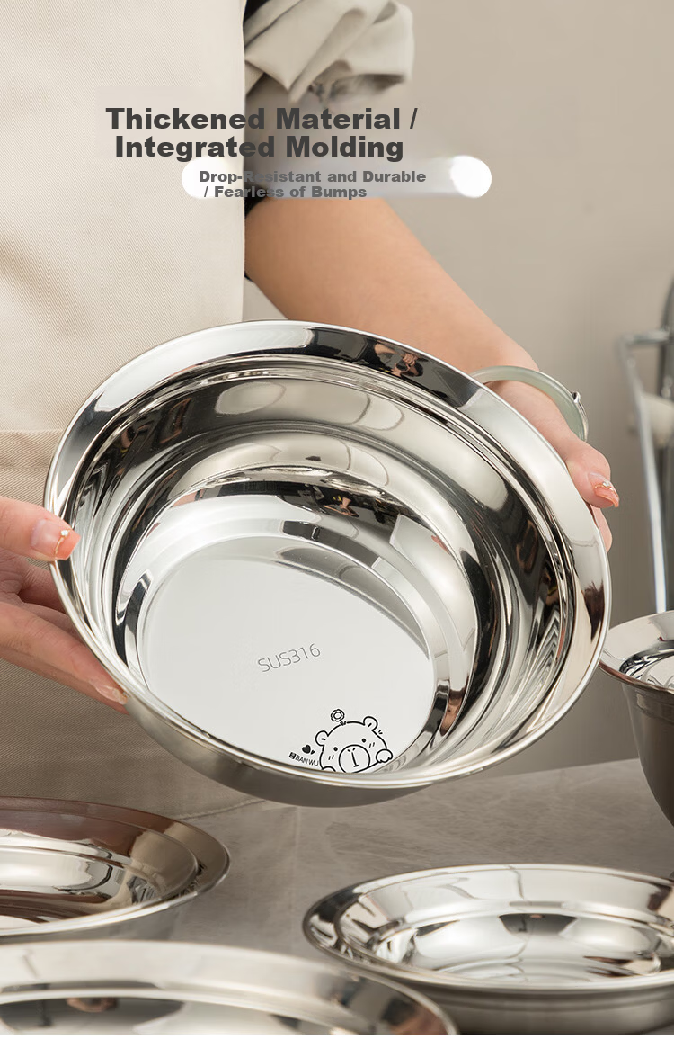 Banwu Life 316 Stainless Steel Food Grade Soup Bowl 20cm Large Steaming Bowl Household Rice Bowl Salad Bowl Noodle Bowl 6