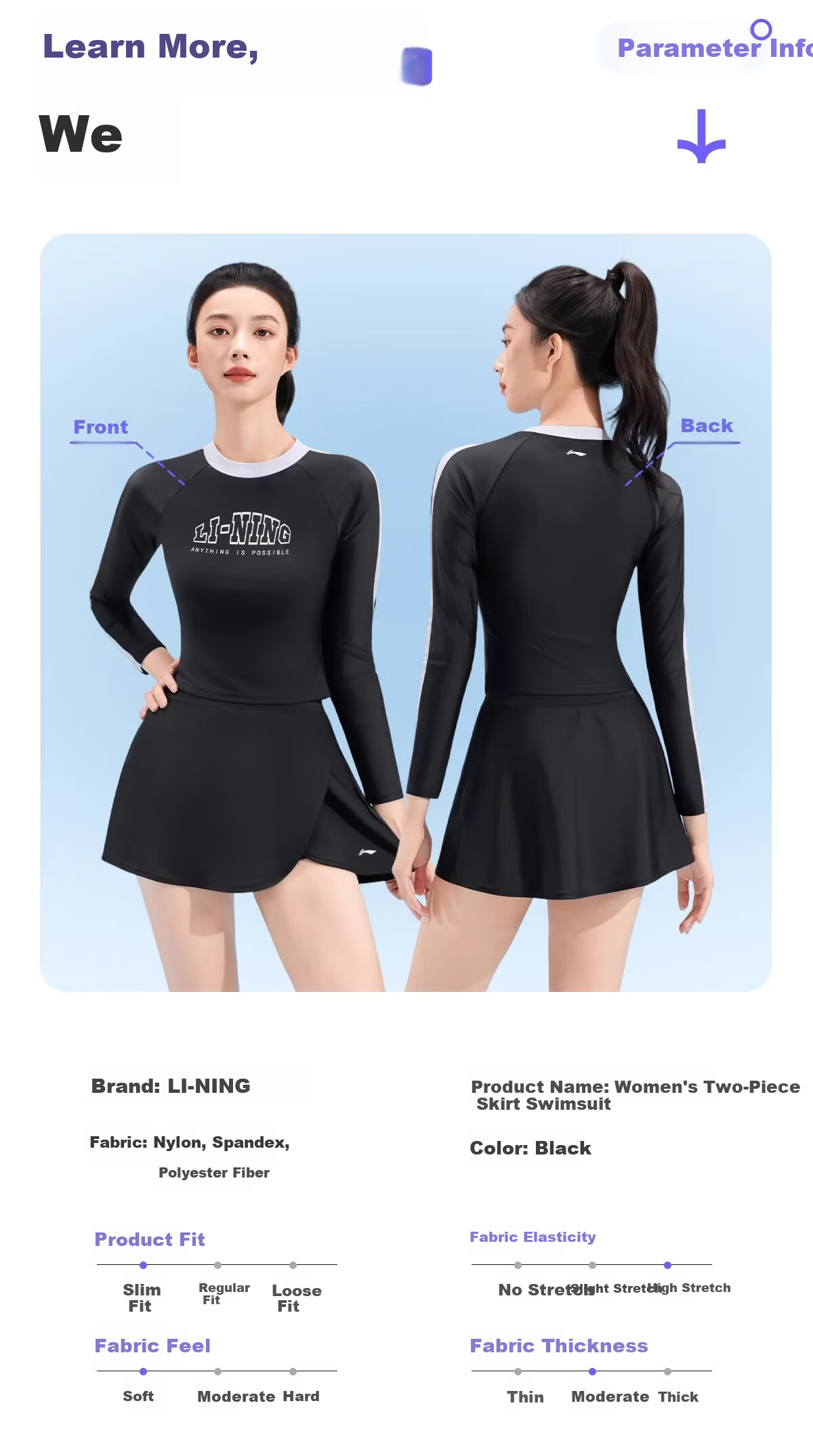 LI-NING Women's Two-Piece Long Sleeve Swimsuit New Premium Hot Spring Plus Size Slimming Beach Vacation Skirt Style Swimwear 3