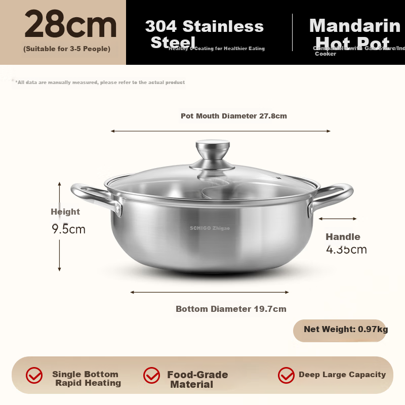 CHIGO 304 Stainless Steel Hot Pot Dual Flavor Large Capacity Hot Pot Suitable for Gas Stove and Induction Cooker 28cm