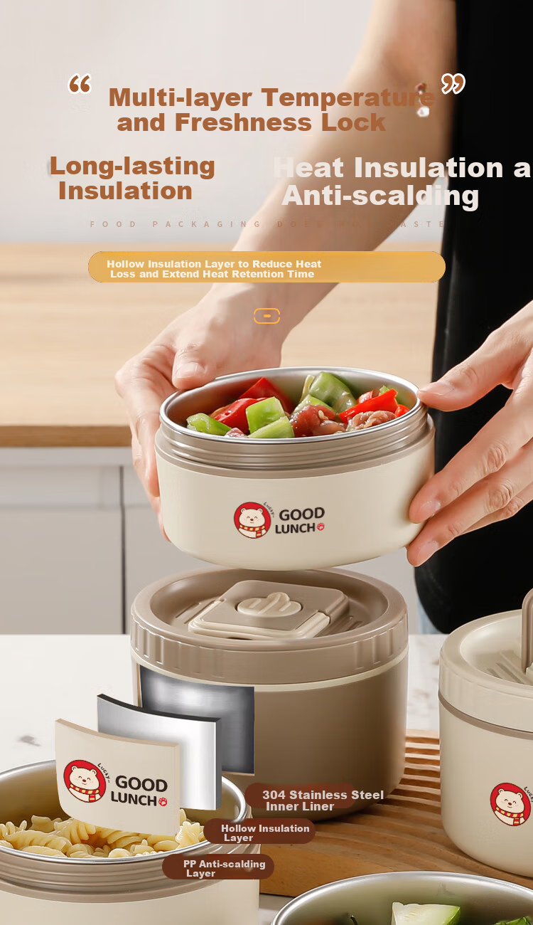 Licheers Insulated Lunch Box 304 Stainless Steel Multi-layer Thermal Container Large Capacity Microwaveable Bento Box for Students and Office Workers 6