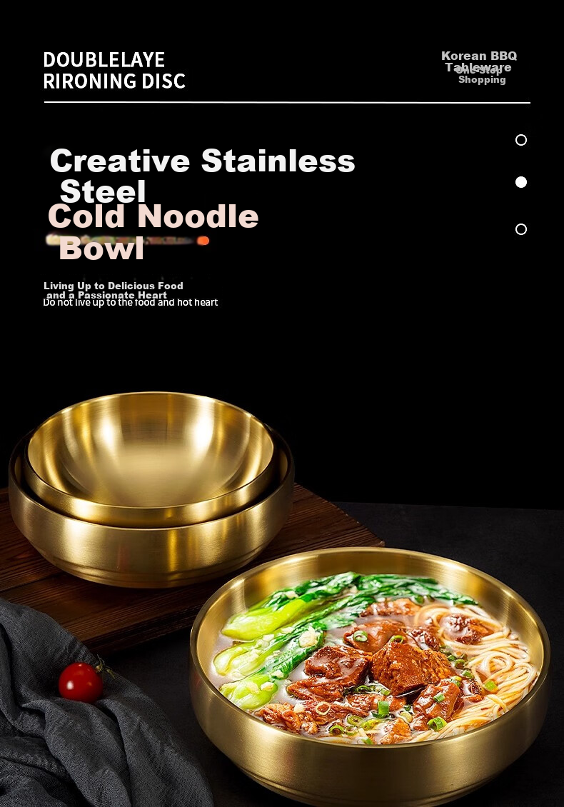 Caitang Thickened Stainless Steel Korean Cold Noodle Bowl Double-Layer Anti-Scald Korean Bibimbap Soup Bowl Gold 21cm Jingcang 1