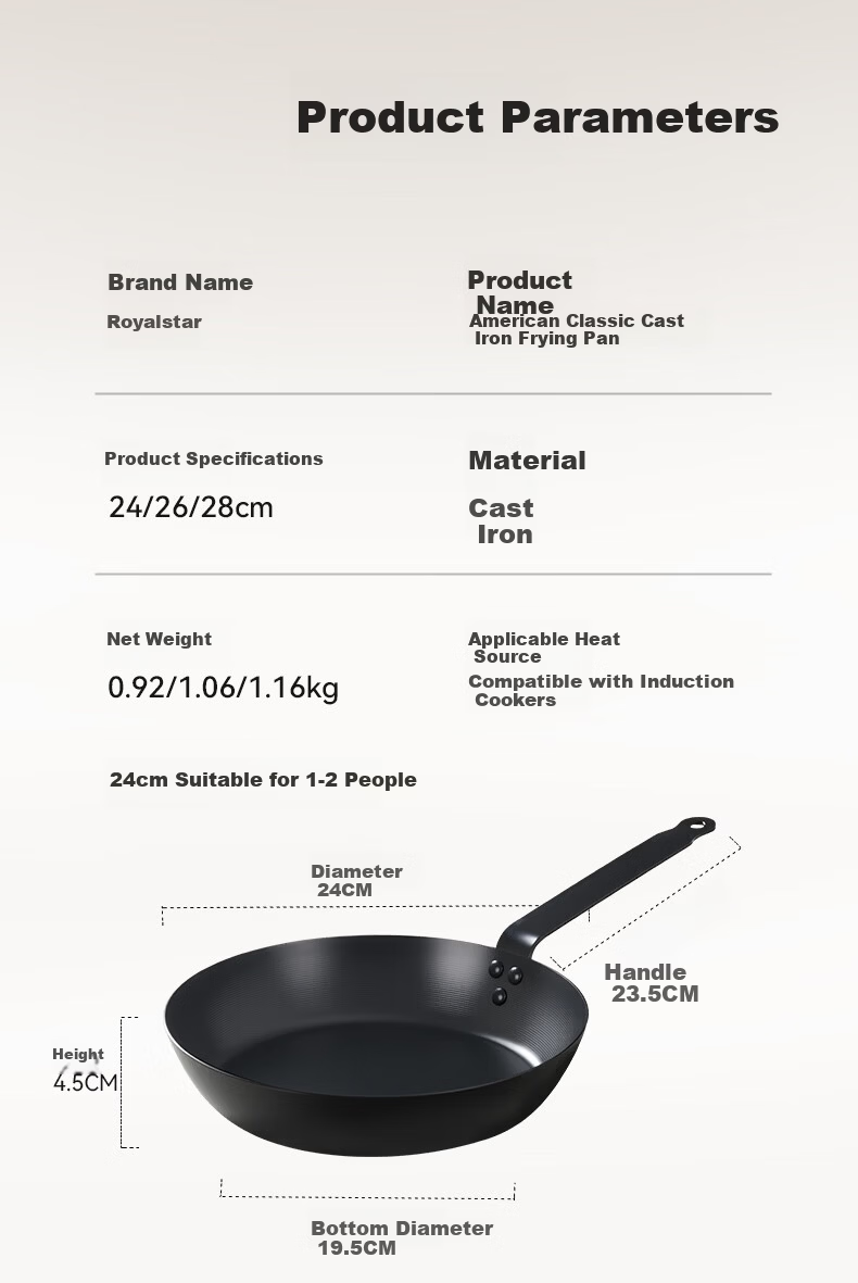 Royalstar Carbonized Non-Coated Frying Pan 24cm Non-Stick Skillet for Pancakes and Steaks Compatible with Induction Cooker 19