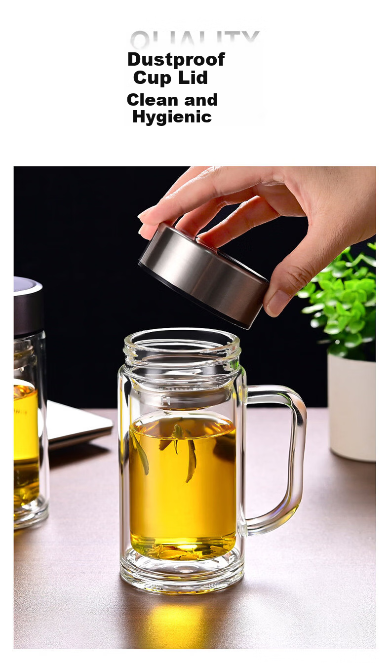 Jiwusenlin Double Layer Glass Business Tea Cup Large Capacity Office Meeting Water Cup with Handle 380ml 3