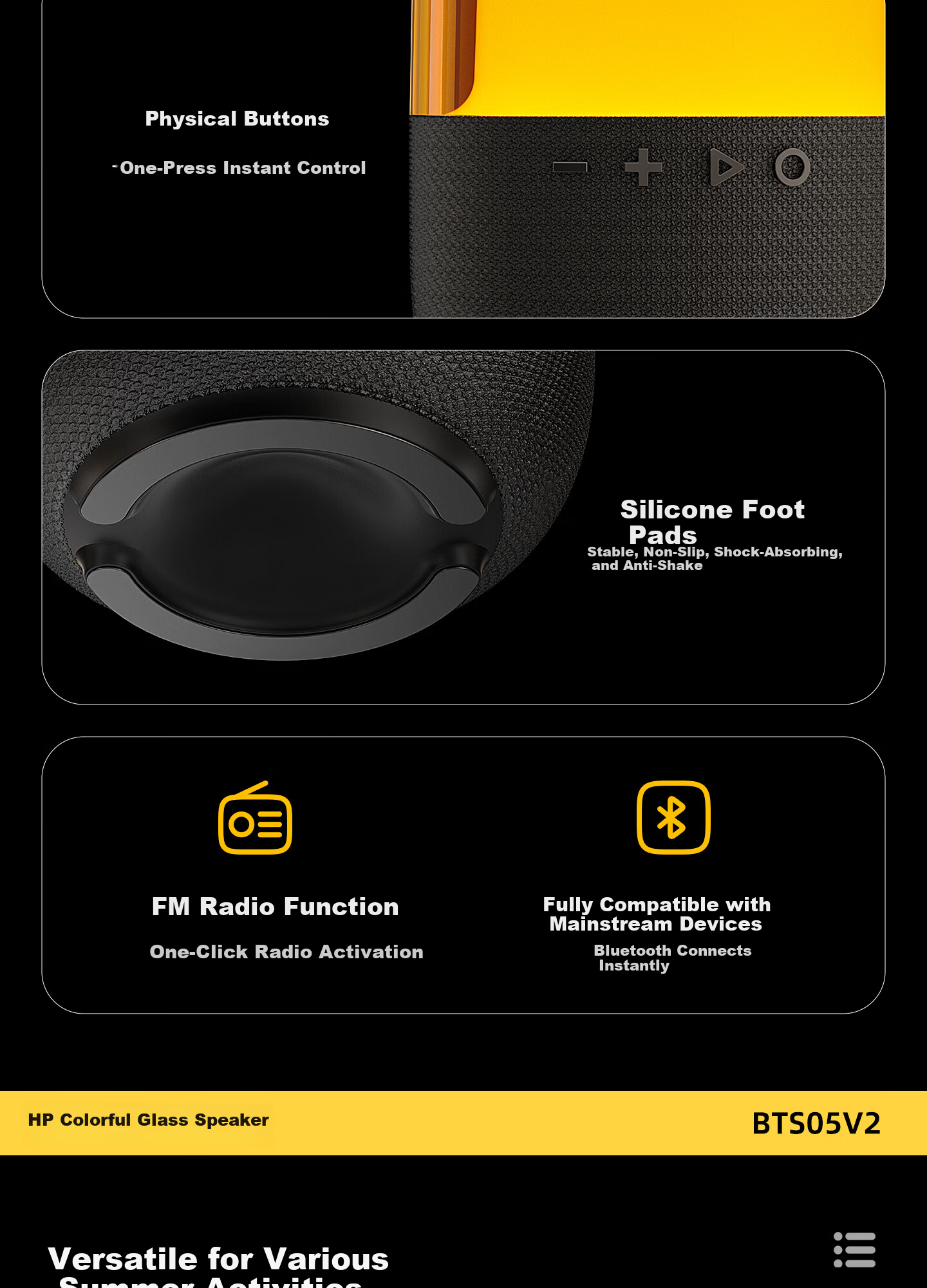 HP Bluetooth Speaker Glass Colorful Rhythm Mini Bass Portable Small Speaker for Computer and Mobile Phone Gray 13