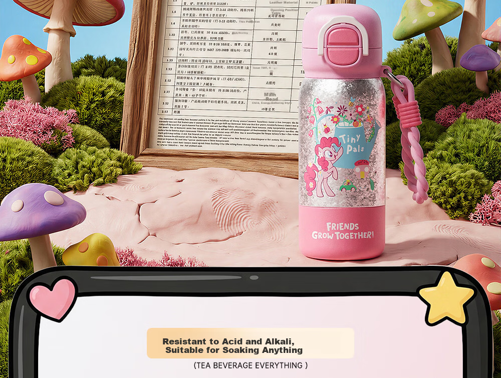 Germ My Little Pony Pure Titanium Children's Insulated Straw Bottle Dual Drinking Cup for Girls Student 480ML Garden Pink 8