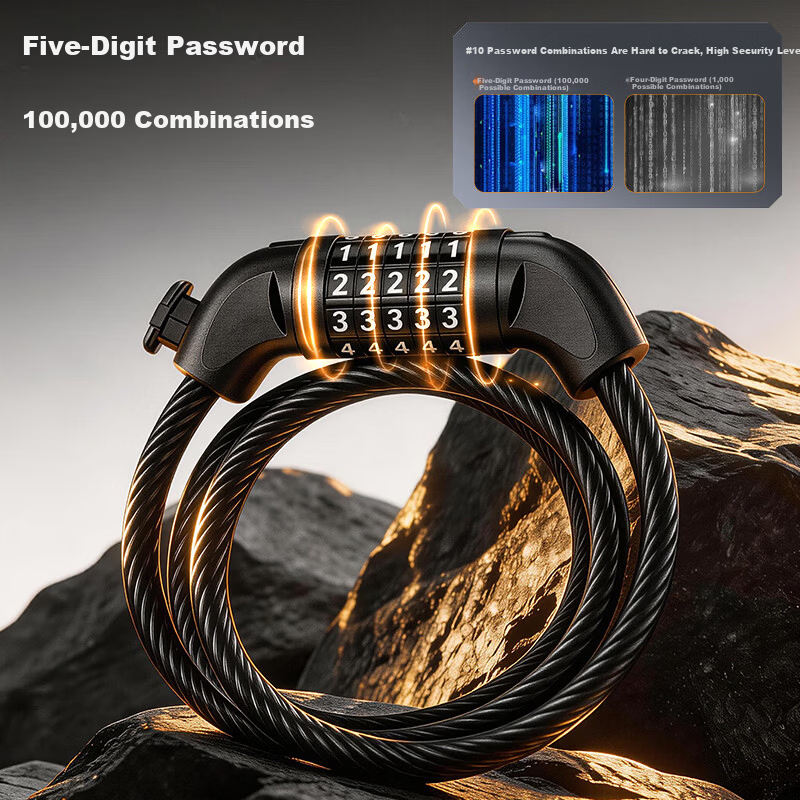 Huangchi Bicycle Lock 5-Digit Combination Chain Lock for Electric Scooter, Glass Door, Road Bike, Mountain Bike Circular Lock