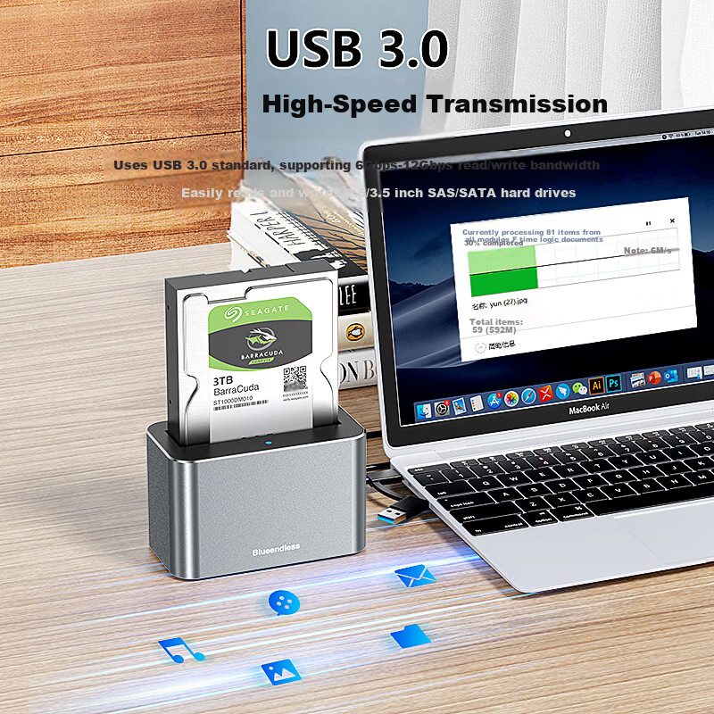 Lanshuo 2.5/3.5 Inch SAS Hard Drive Enclosure Dock USB 3.0 External SATA HDD Reader Aluminum Alloy for Desktop Laptop Server Expansion 20TB