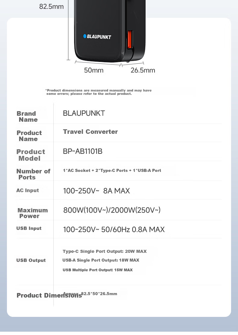 BLAUPUNKT German Universal Travel Adapter Plug, Multi-Functional Charging Converter, International Travel Adapter for US, UK, EU, AU, And JP Standards 25