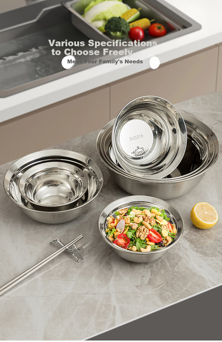 Banwu Life 316 Stainless Steel Food Grade Soup Bowl 20cm Large Steaming Bowl Household Rice Bowl Salad Bowl Noodle Bowl 12