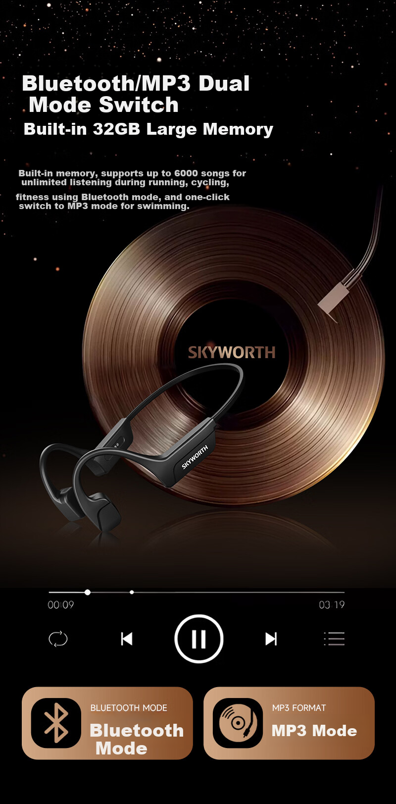 Skyworth G8 Bone Conduction Bluetooth Earphones Wireless Professional Sports Running Outdoor Open-Ear Swimming Compatible with Apple Huawei Xiaomi Waterproof Sweatproof 32GB Memory Starry Black 11