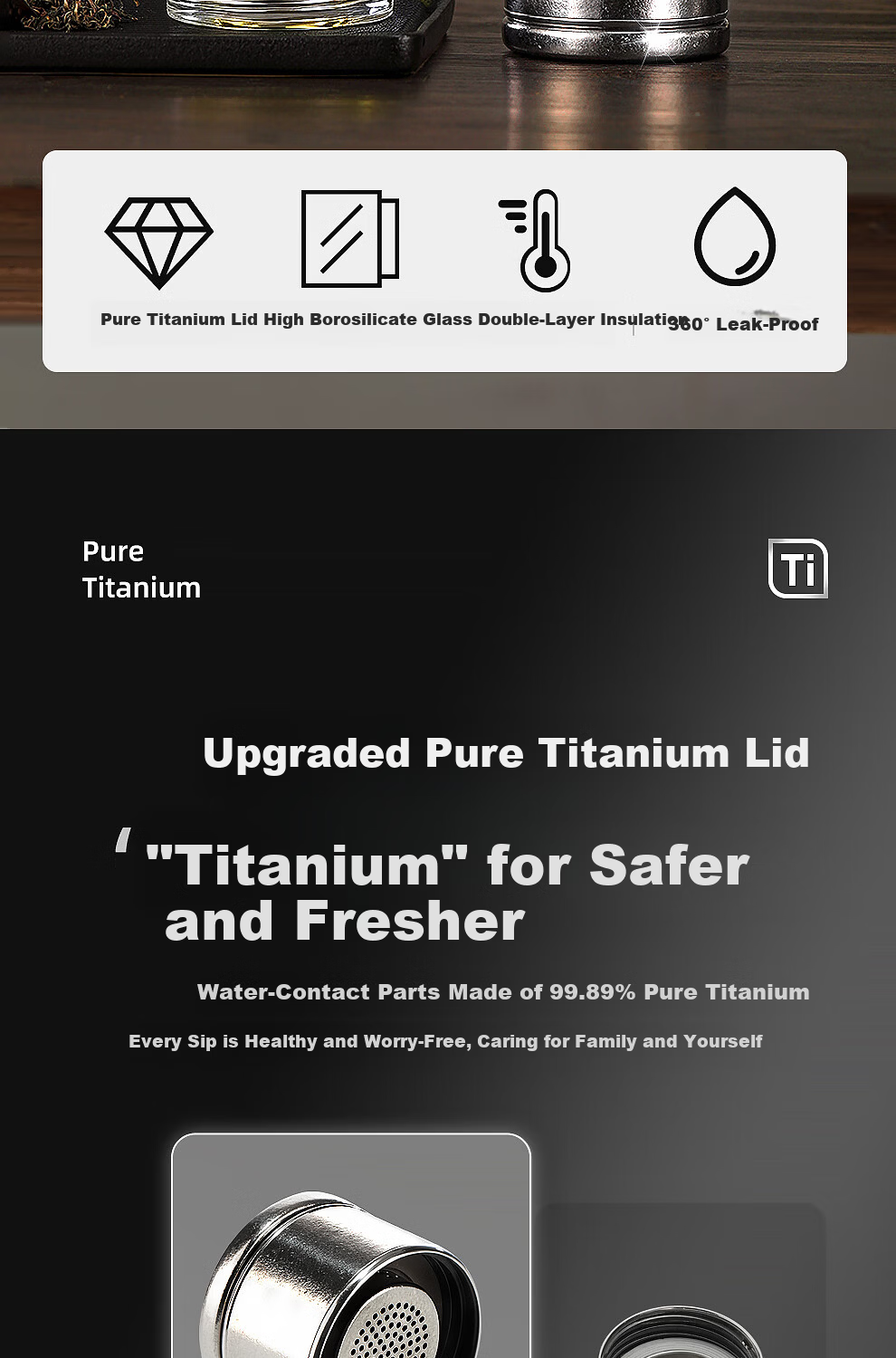 Peacock Glass Pure Titanium Antibacterial Tea Brewing Cup with One-Button Lid Business Double-Layer Tea-Water Separation Cup for Men Car Travel Mug 2