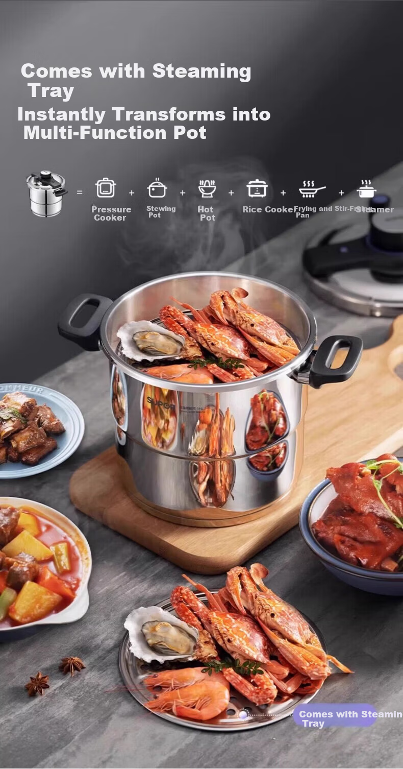 SUPOR 316L Stainless Steel Large Capacity Pressure Cooker Thickened Explosion-Proof Gas and Induction Cooker Compatible 22cm 6L 5
