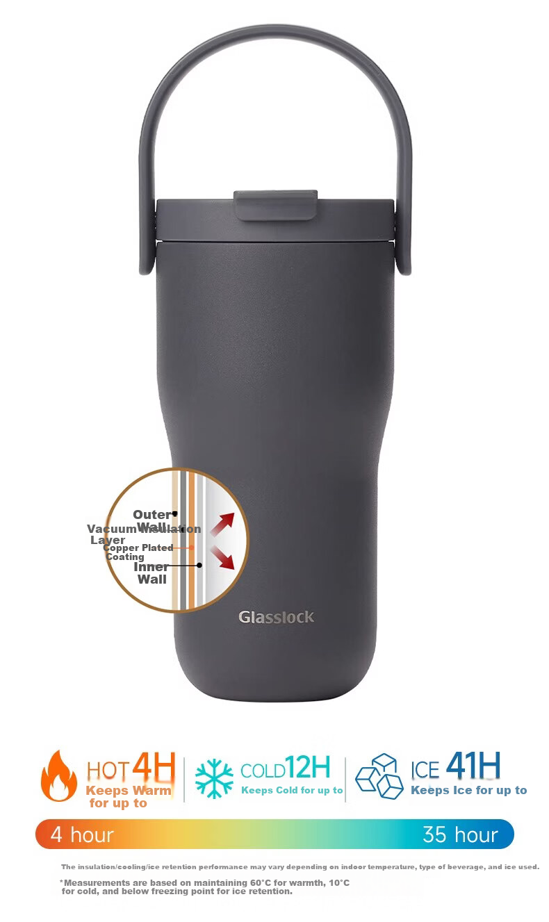 GLASSLOCK Large Capacity Insulated Tumbler with Detachable Handle and Straw, Minimalist Travel Thermos Cup 650ml 10