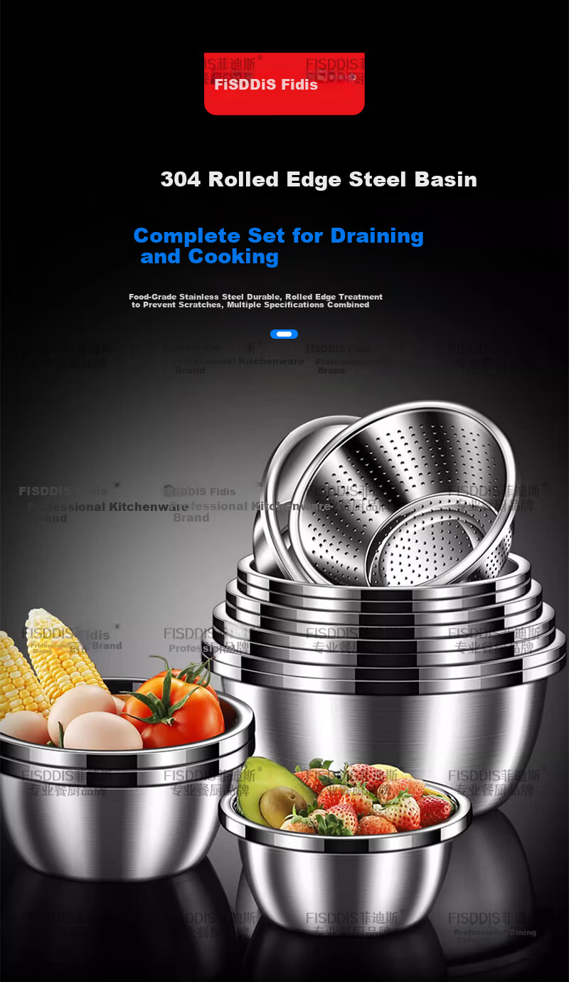 FISDDIS 304 Stainless Steel Bowl and Sieve 2-Piece Set Thick Soup Bowl Rice Washing Strainer Draining Basket 30cm Cooking Bowl LLPTZ-30 1