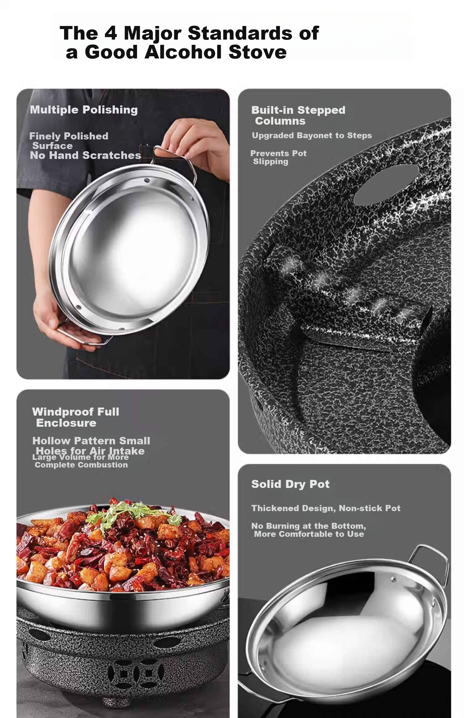 Deming Dry Pot Mini Hot Pot Household Windproof Special Alcohol Stove Solid Alcohol Thickened Stainless Steel Small Pot with Lid 4