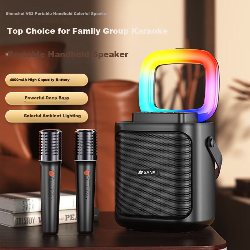 SANSUI Portable Microphone KTV Speaker All-in-One Wireless Bluetooth Outdoor Karaoke Amplifier Home KTV V63 Single Microphone Version
