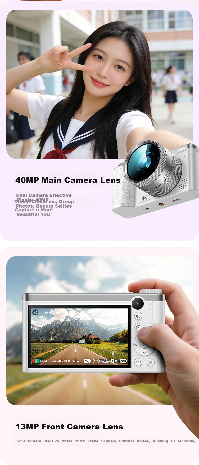 Patriot D11 Ultra Student Digital Camera Selfie Birthday Gift for Girls Entry-Level Mirrorless Alternative CCD White 128GB Children's Day Gift 5