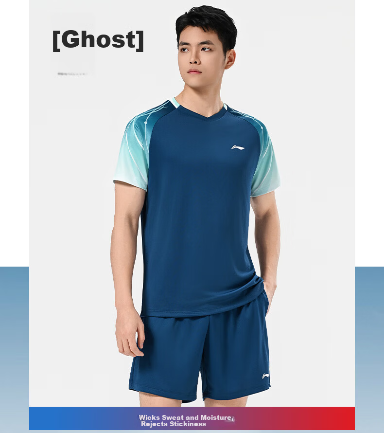 LI-NING Badminton Shirt and Shorts Set for Men, Women, and Kids, Sea Blue, Size S 7