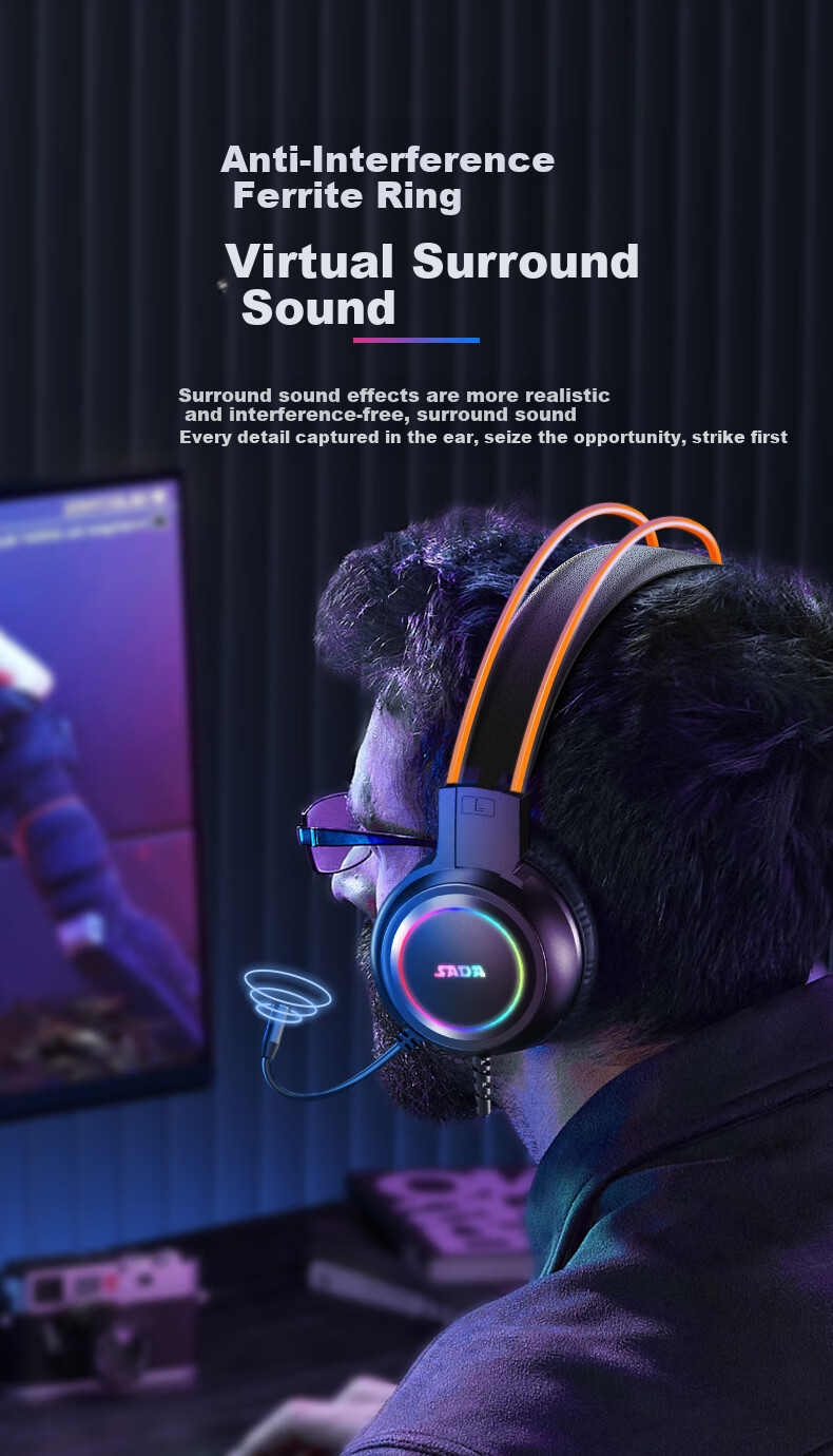 SADA Gaming Headset Wired Dual-Mode 3.5mm Noise-Cancelling Microphone High-Quality Over-Ear Delta FPS PUBG Comfortable 2