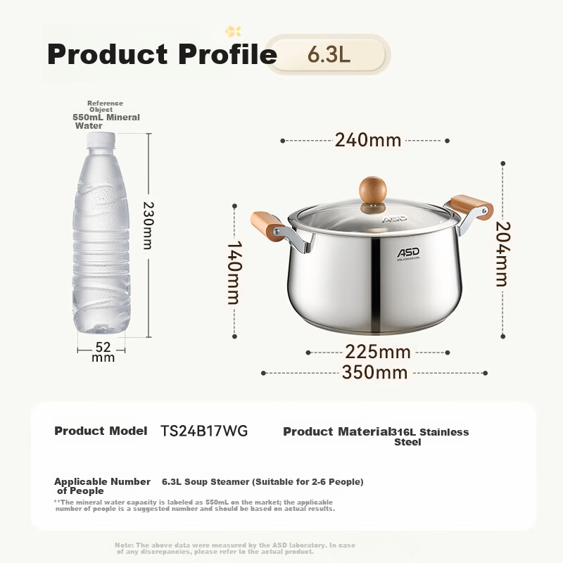 ASD 316L Stainless Steel Baby-Safe Soup Pot Steamer with Wooden Handle 24cm Compatible with Induction and Gas Stove B17
