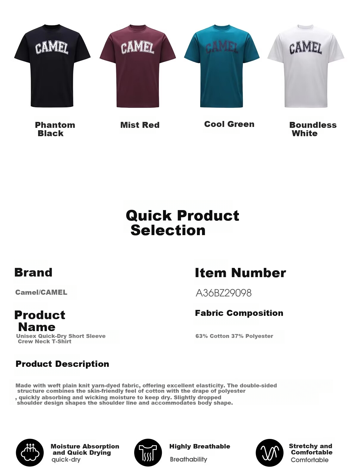 CAMEL Outdoor Quick-Dry T-Shirt Unisex Spring Summer 2026 Breathable Moisture-Wicking Stretch Cotton Hiking Mountaineering Sports Top 9098 9