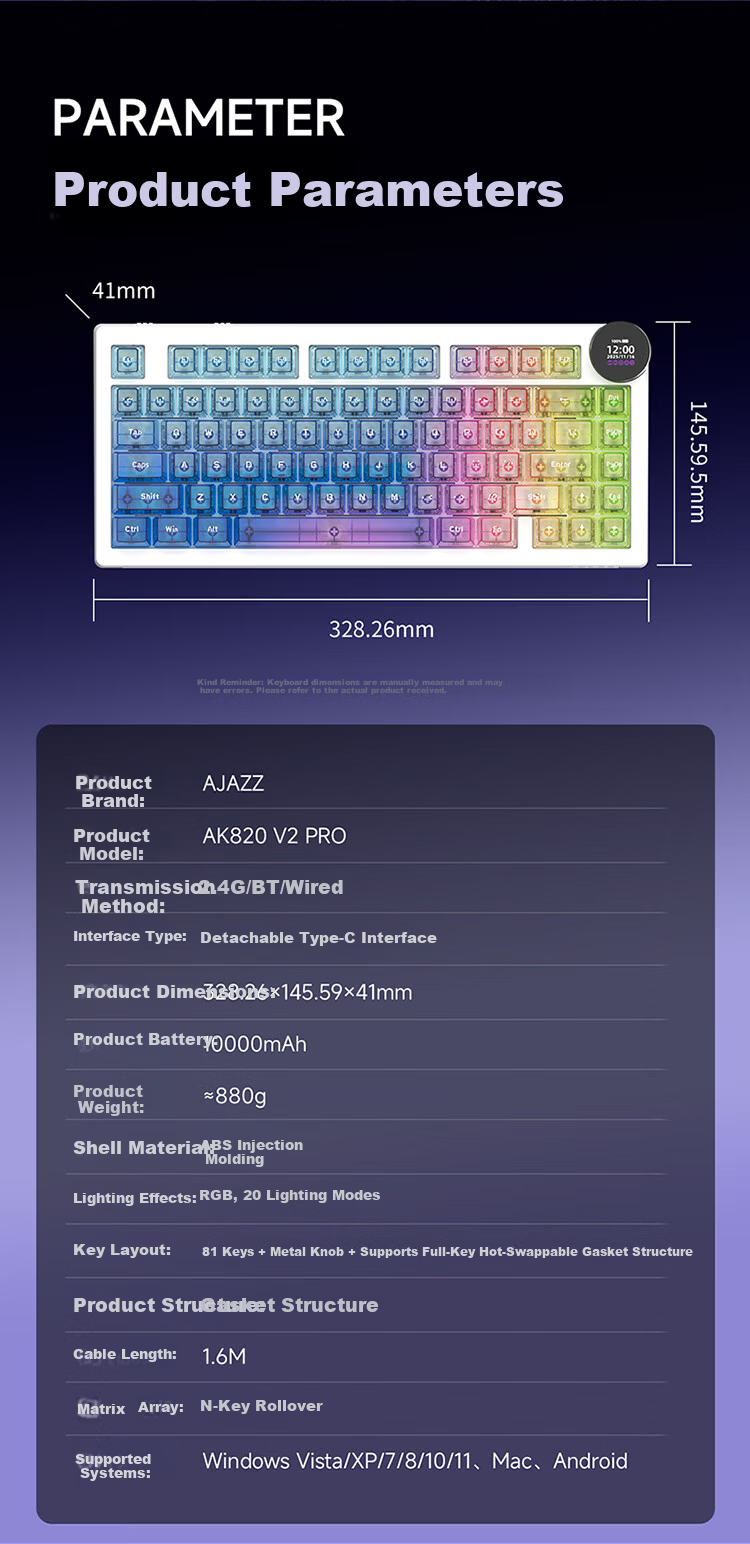AJAZZ AK820V2 Wireless Mechanical Keyboard Wired/2.4G/Bluetooth 81-Key Hot-Swappable Gasket Gaming 10000mAh Coconut Axis Original Black Gray Yellow 8