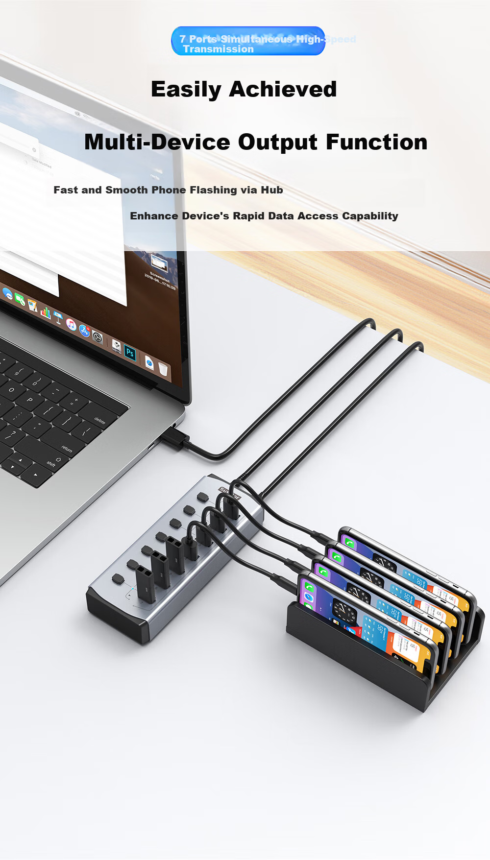 SIPOLAR USB 3.0 Hub with Independent Control, 7-Port High-Speed HUB, 4 USB + 3 Charging Ports, 24W High Power Docking Station FS-809, Extension Cable, Laptop Accessory 8
