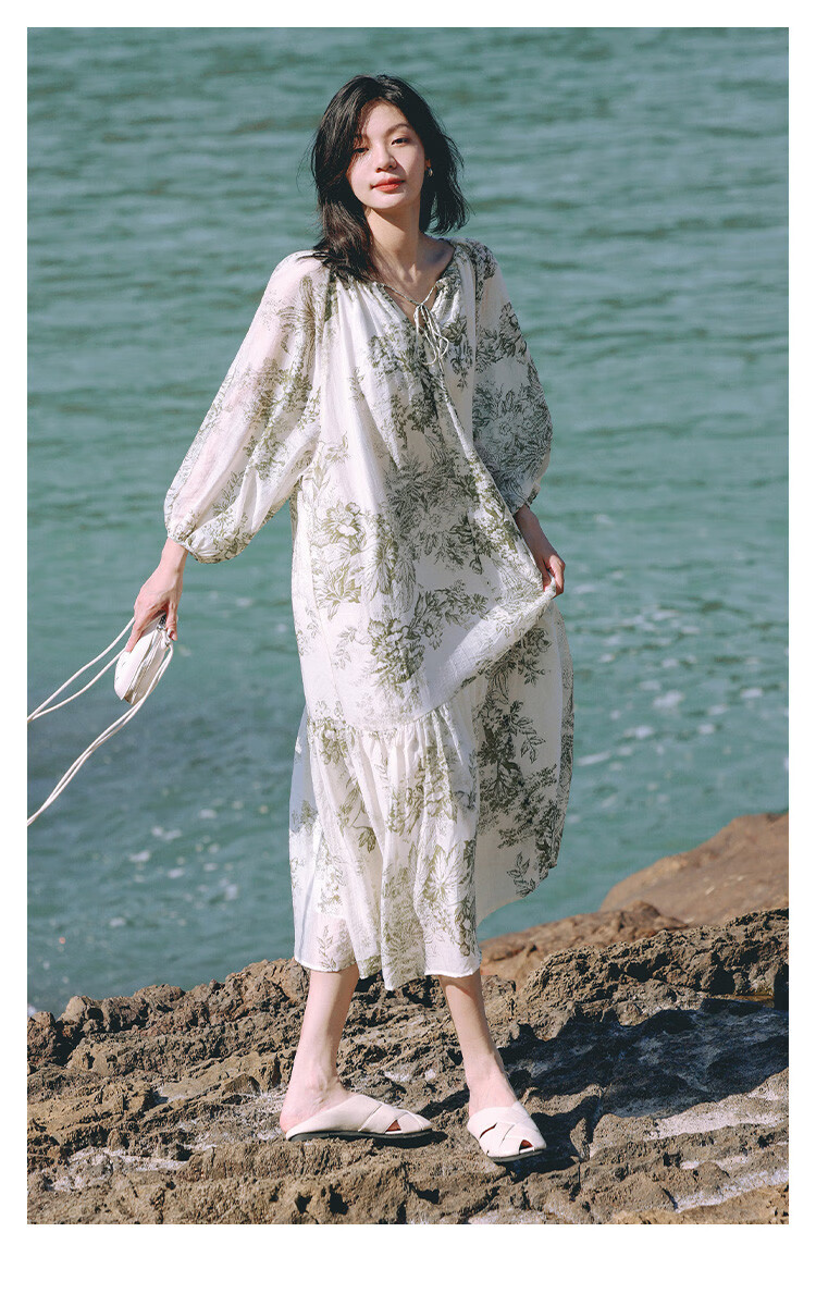 Dme Elegant Floral Print Long Dress, Artistic Ink Painting Design, Slimming One-Piece Dress, Floral Print, Size S 1