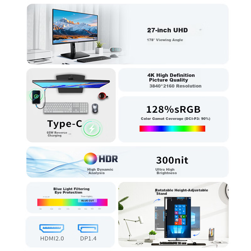 LeTV 27-inch 4K UHD IPS Monitor with Type-C 65W, Rotatable and Height Adjustable, USB Port, 8-bit Professional Design Office Display