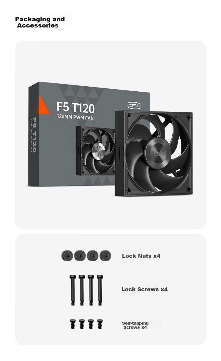 PCCOOLER Curved Blade F5T120 White 12cm Case Fan (PWM Daisy Chain/Double Ball Bearings/Includes 4 Locking Screws) 12