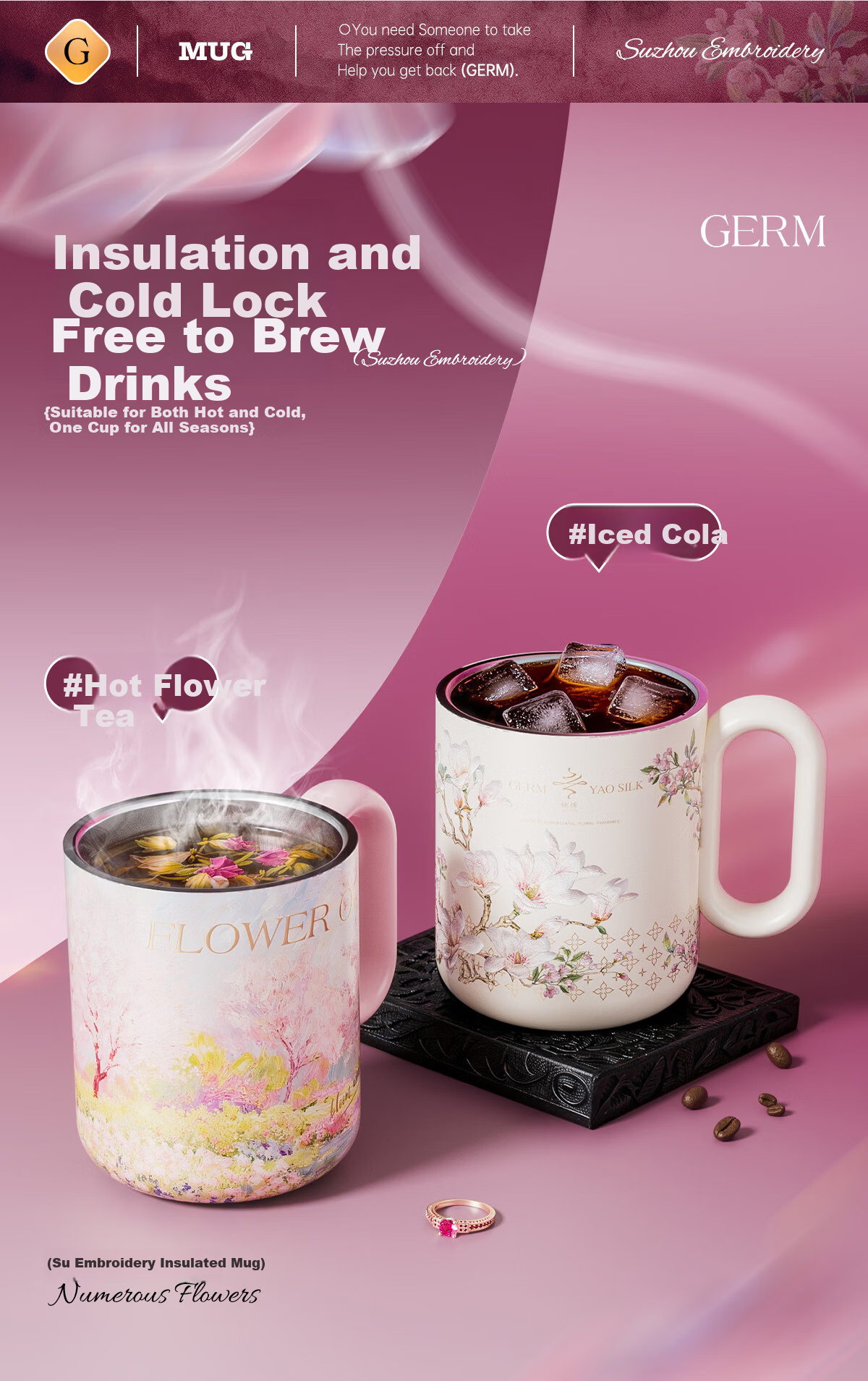 Germ Intangible Cultural Heritage Su Embroidery Mark Insulated Mug High-Value Office Water Cup Tea Cup Women's Gift Cup 450ML Magnolia 8