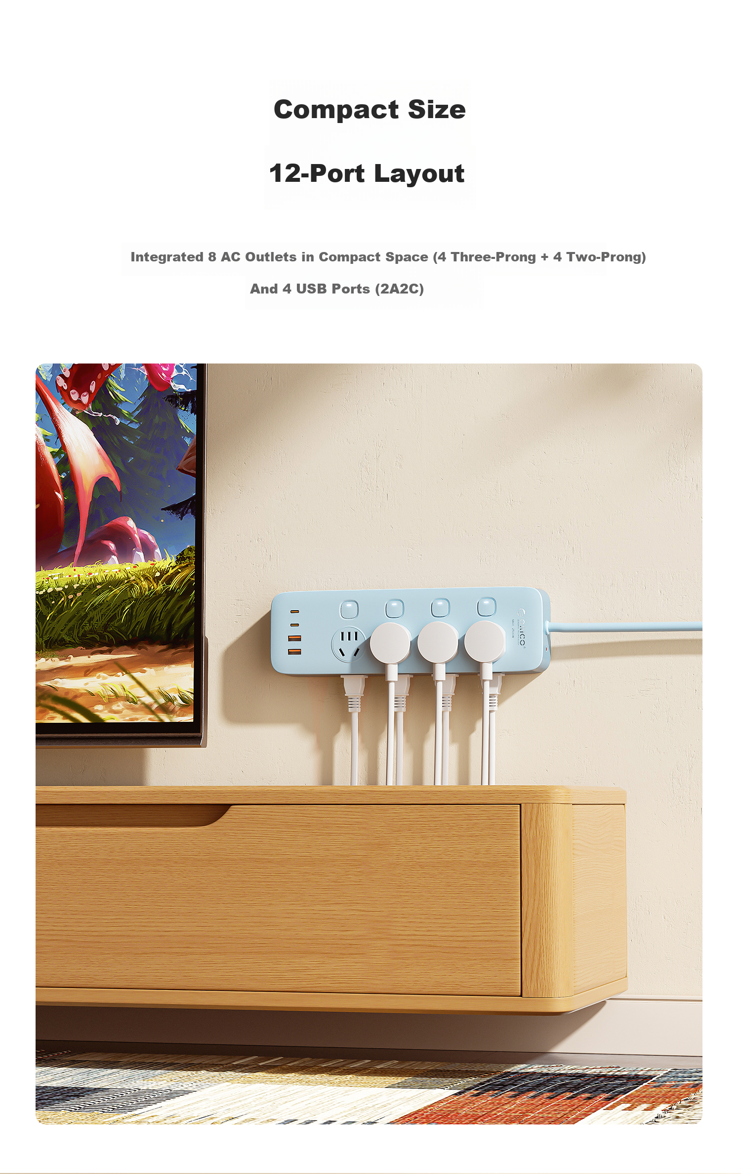 ORICO 20W Controlled Power Strip with 8 Independent Switches, USB Desktop Socket, 3C Certified, 2-Meter Cable, Blue 5