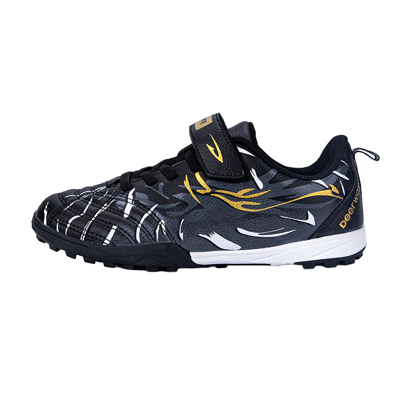 DEERWAY Kids Soccer Shoes TF Turf Studs for Boys Ages 6-12, Black White Gold, Size 39