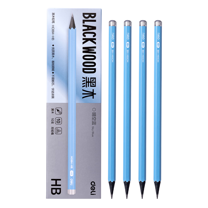 Deli 10-Pack HB Blue Hexagonal Wooden Pencils Non-Toxic Graphite Writing Pencils for Students Homework Exams Answer Sheet Marking School Stationery Sky Blue