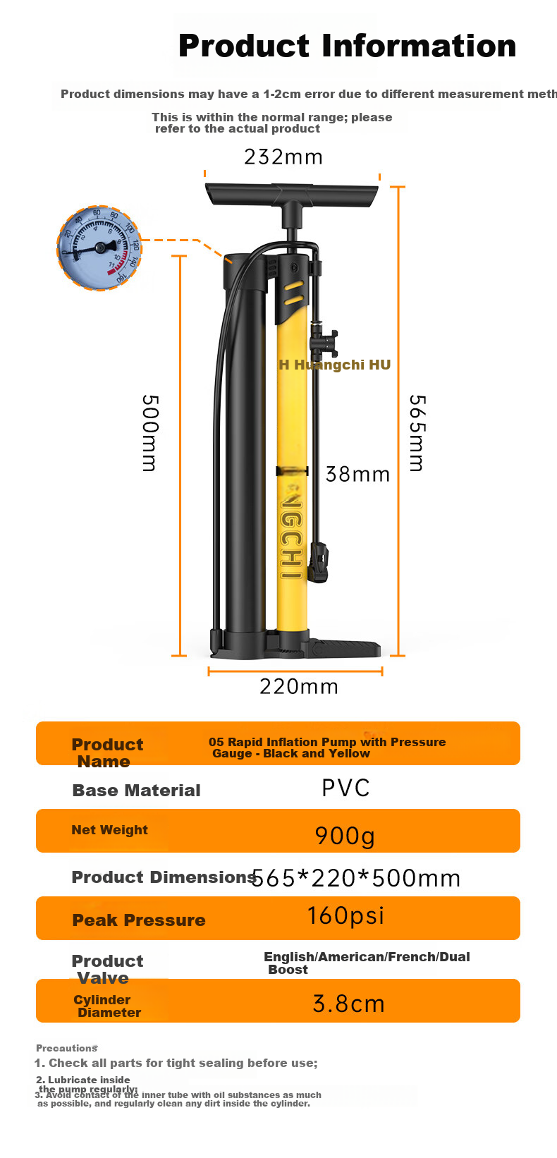 Huangchi Cycling Air Pump Universal High-Pressure Inflator for Bicycle Motorcycle Electric Vehicle Car Basketball 6