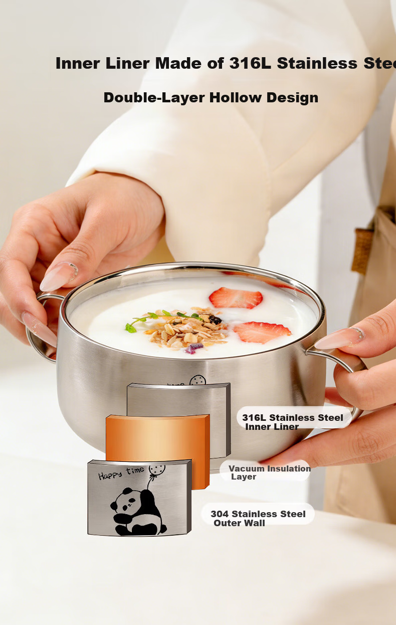 Baoshi 316 Stainless Steel Bowl Children's Eating Bowl Baby Double-Handle Supplementary Food Bowl 500ml with Lid and Suction Pad 3